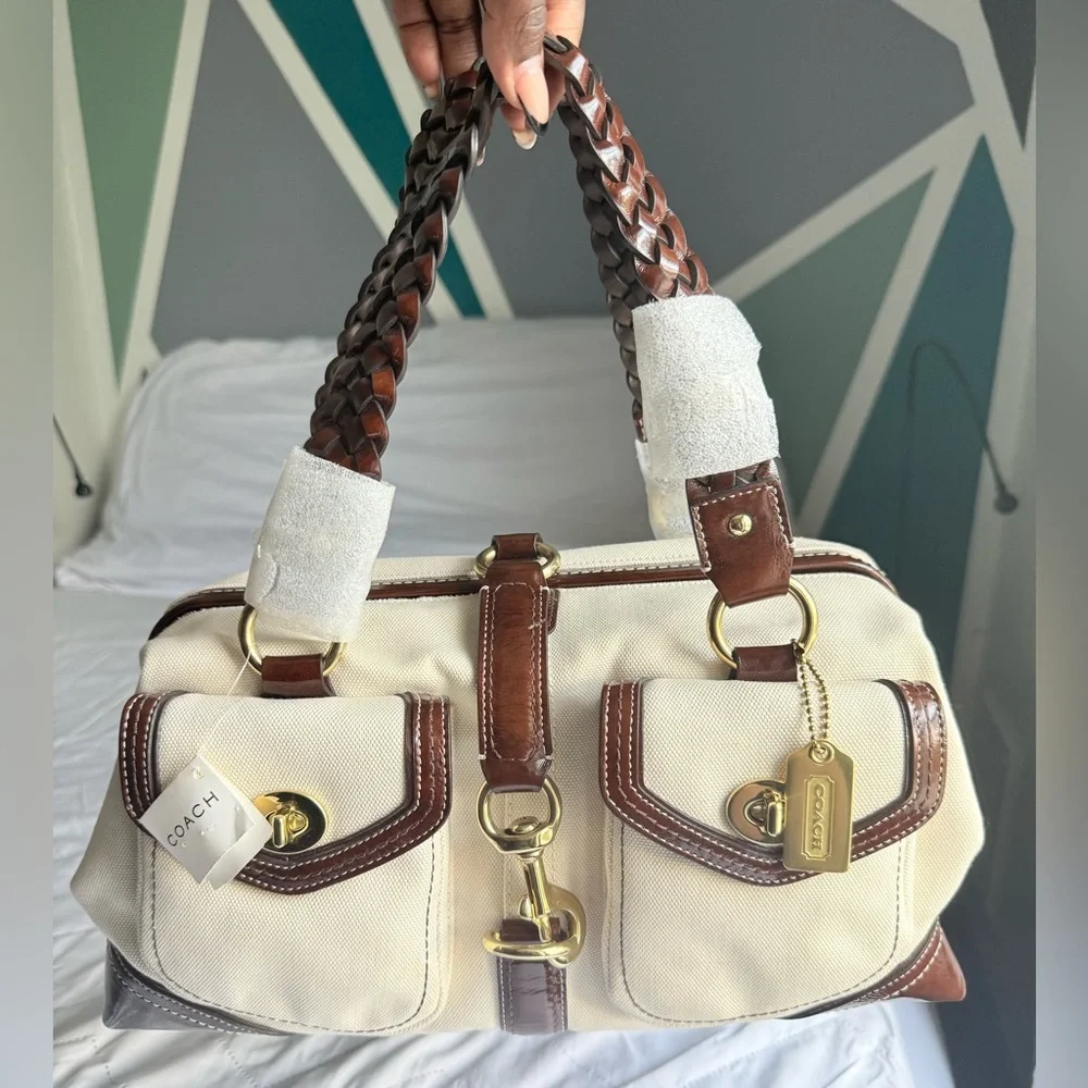 Coach Daphne Canvas & Leather Satchel – NWT Ivory & Mahogany | Braided Handles